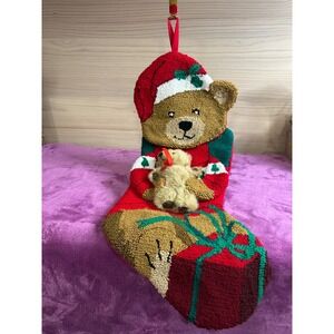 Christmas Teddy Bear Punch Needle Stocking Santa Hat Gift Ribbon Hanging Loop